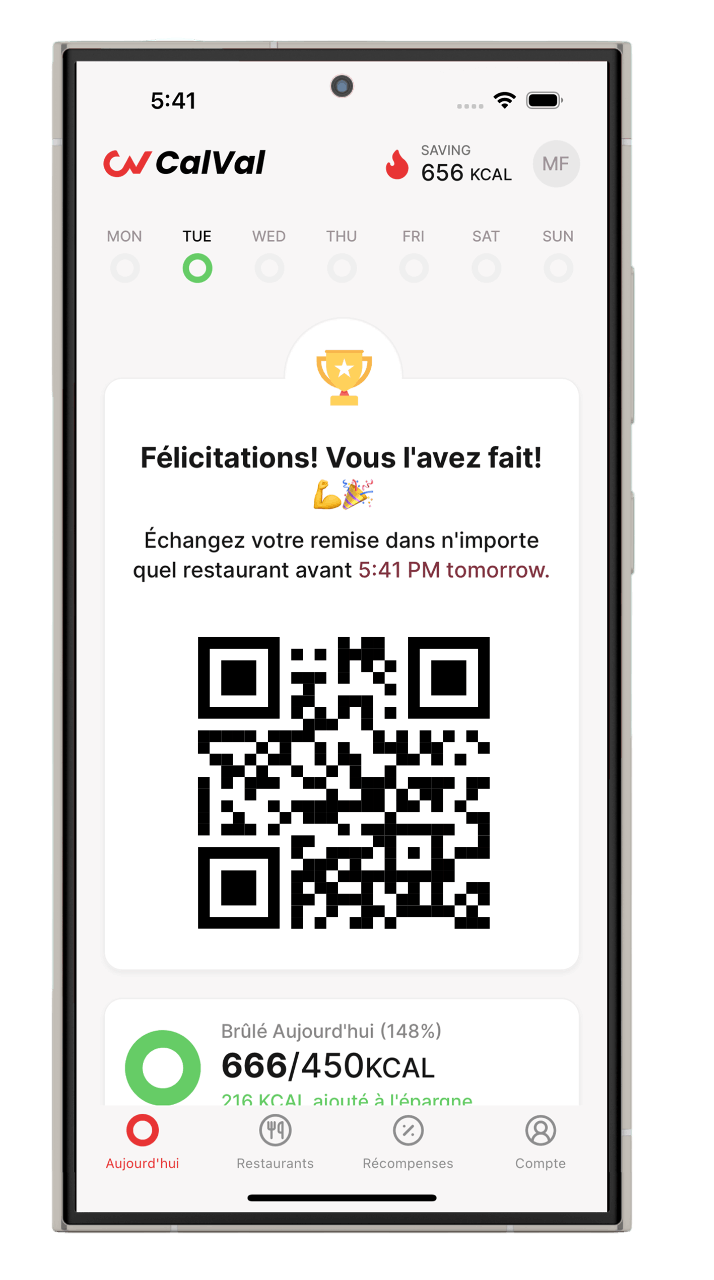 L'application CalVal affichant un QR code de récompense après un objectif atteint